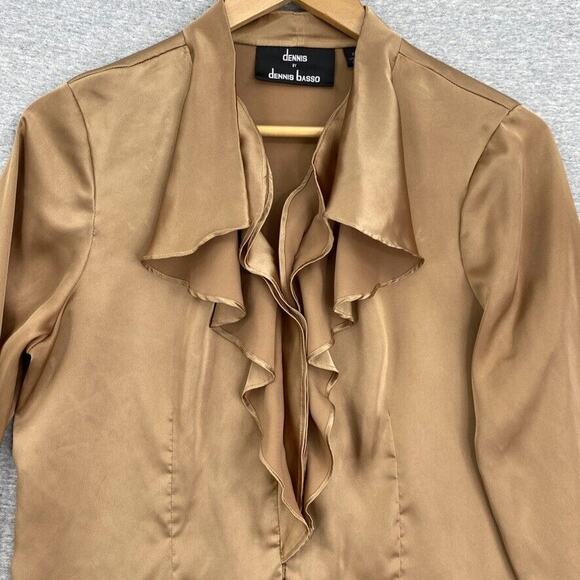 Dennis Basso Blouse Womens Extra Small Brown Silky Button Up Long Sleeve Ruffle - Picture 6 of 13